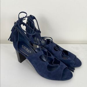 Ralph Lauren Women’s Shoes 10B Ankle Wrap Tassel Blue Sheep Leather Block Heel